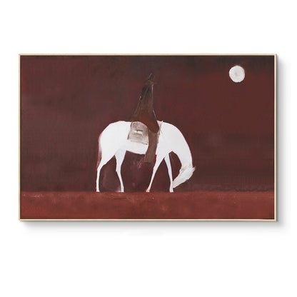 Abstract Horse Riding Oil Painting on Canvas, Original White Horse at Moonlit Night Canvas Wall Art, Modern Cowboy Wall Art for Living Room