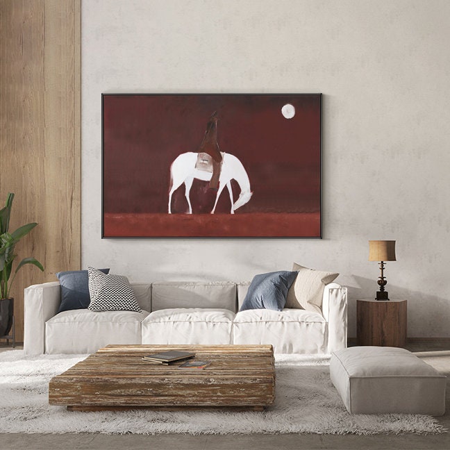 Abstract Horse Riding Oil Painting on Canvas, Original White Horse at Moonlit Night Canvas Wall Art, Modern Cowboy Wall Art for Living Room