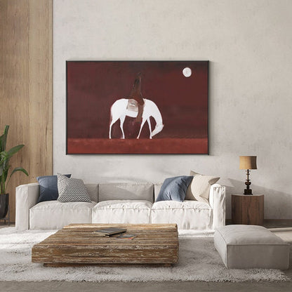 Abstract Horse Riding Oil Painting on Canvas, Original White Horse at Moonlit Night Canvas Wall Art, Modern Cowboy Wall Art for Living Room