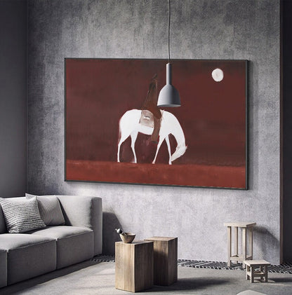 Abstract Horse Riding Oil Painting on Canvas, Original White Horse at Moonlit Night Canvas Wall Art, Modern Cowboy Wall Art for Living Room
