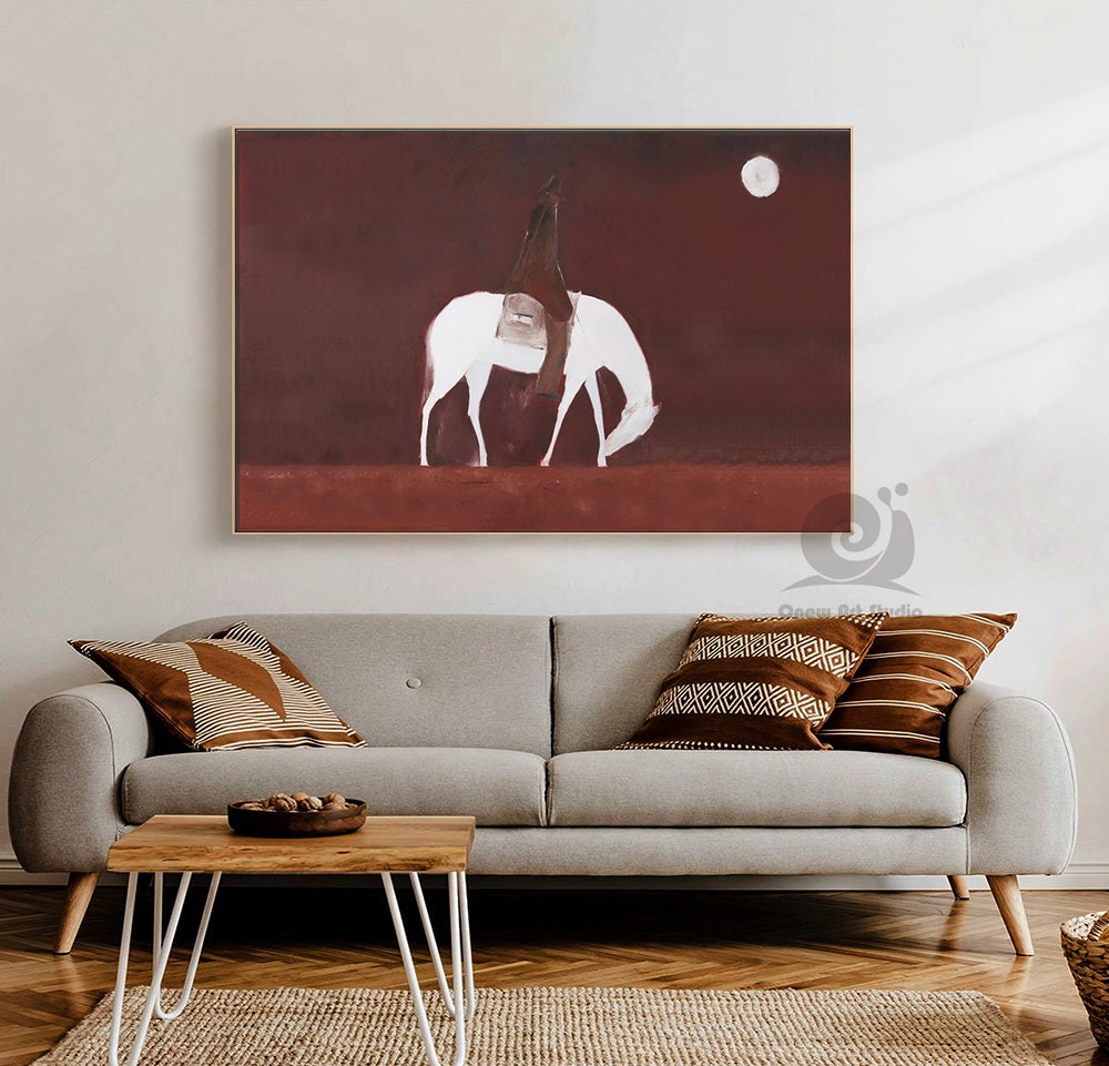 Abstract Horse Riding Oil Painting on Canvas, Original White Horse at Moonlit Night Canvas Wall Art, Modern Cowboy Wall Art for Living Room