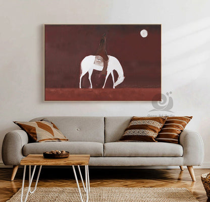 Abstract Horse Riding Oil Painting on Canvas, Original White Horse at Moonlit Night Canvas Wall Art, Modern Cowboy Wall Art for Living Room