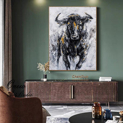 Abstract Bull Oil Painting on Canvas, Large Original Bull Canvas Wall Art, Modern Hand-painted Animal Painting for Living Room,bedroom Decor