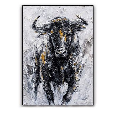 Abstract Bull Oil Painting on Canvas, Large Original Bull Canvas Wall Art, Modern Hand-painted Animal Painting for Living Room,bedroom Decor