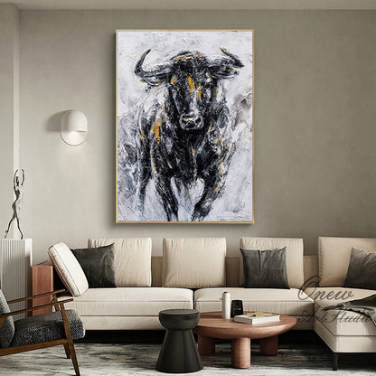 Abstract Bull Oil Painting on Canvas, Large Original Bull Canvas Wall Art, Modern Hand-painted Animal Painting for Living Room,bedroom Decor