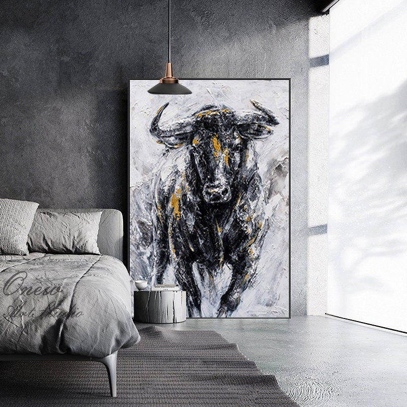Abstract Bull Oil Painting on Canvas, Large Original Bull Canvas Wall Art, Modern Hand-painted Animal Painting for Living Room,bedroom Decor