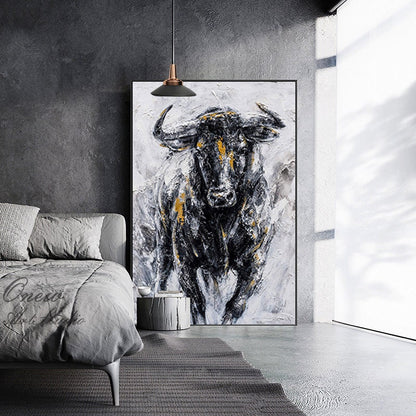 Abstract Bull Oil Painting on Canvas, Large Original Bull Canvas Wall Art, Modern Hand-painted Animal Painting for Living Room,bedroom Decor