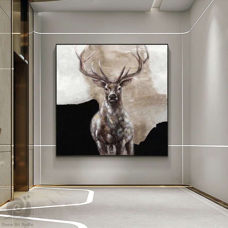 Large Abstract Deer Oil Painting on Canvas, Original Hand-painted Stag Canvas Wall Art, Modern Animal Painting for Living Room, Home Décor