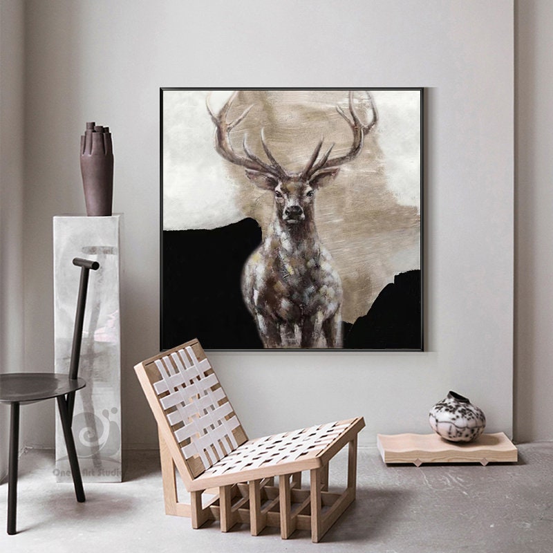 Large Abstract Deer Oil Painting on Canvas, Original Hand-painted Stag Canvas Wall Art, Modern Animal Painting for Living Room, Home Décor