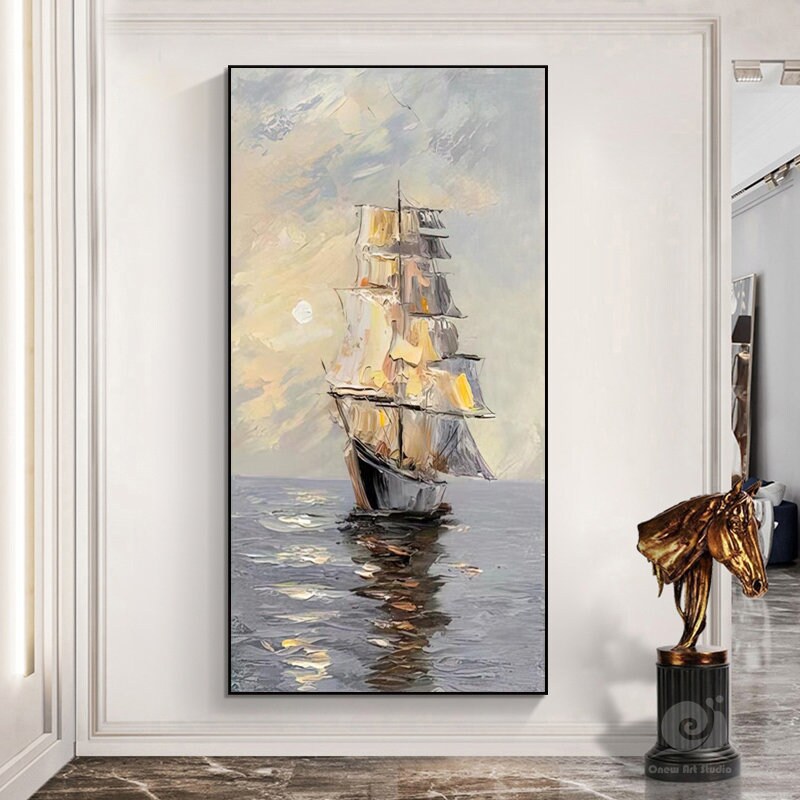 Large Abstract Sailboat Oil Painting on Canvas, Original Seascape Canvas Wall Art, Ocean Painting, Modern Nautical Wall Art for Living Room