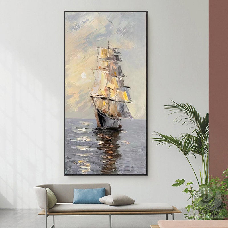 Large Abstract Sailboat Oil Painting on Canvas, Original Seascape Canvas Wall Art, Ocean Painting, Modern Nautical Wall Art for Living Room