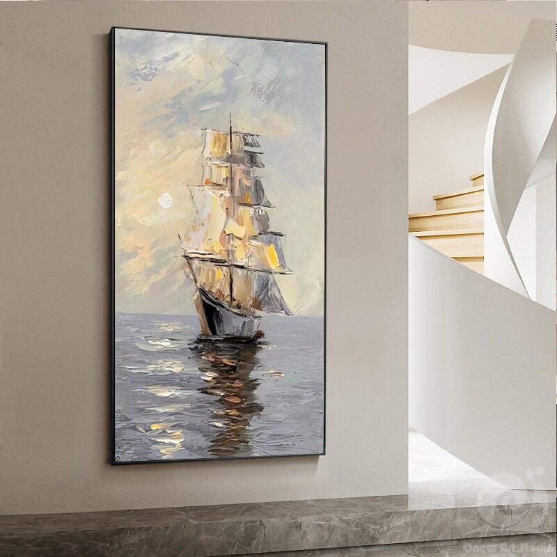 Large Abstract Sailboat Oil Painting on Canvas, Original Seascape Canvas Wall Art, Ocean Painting, Modern Nautical Wall Art for Living Room