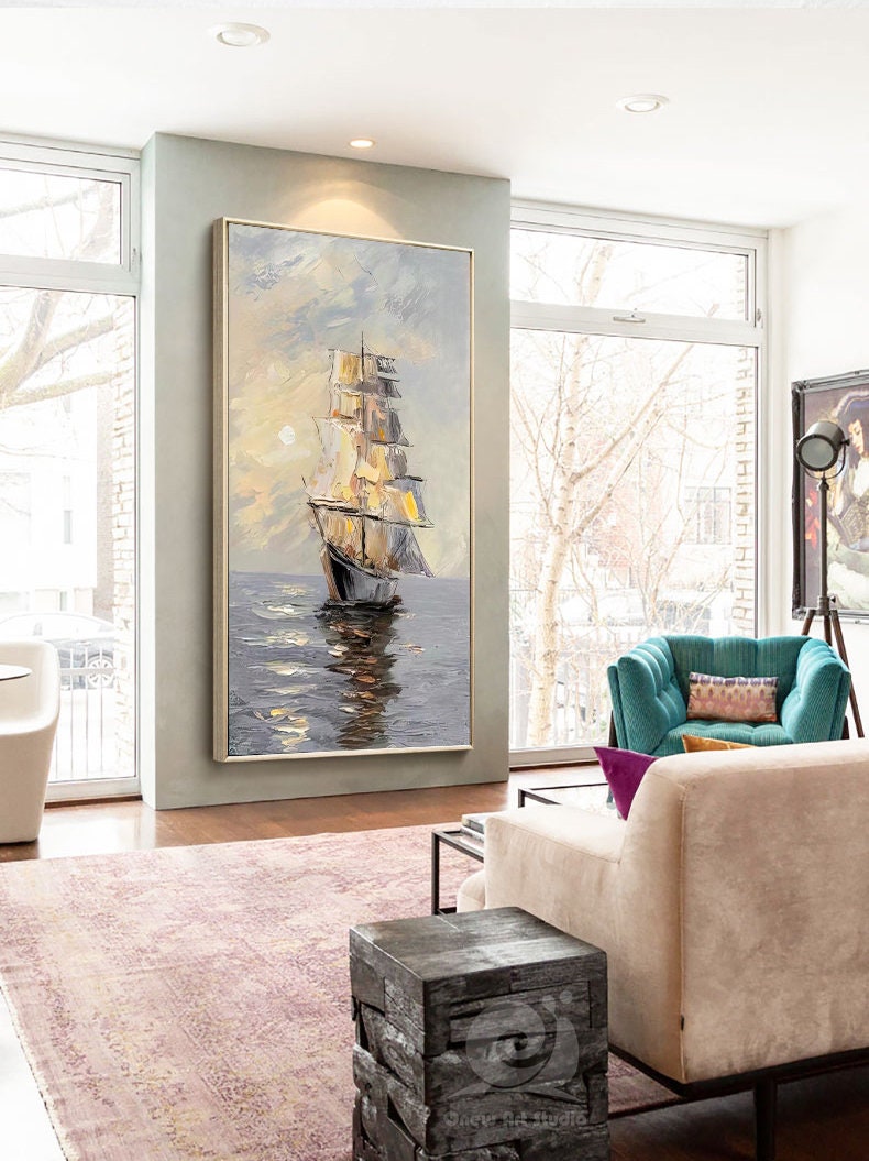 Large Abstract Sailboat Oil Painting on Canvas, Original Seascape Canvas Wall Art, Ocean Painting, Modern Nautical Wall Art for Living Room