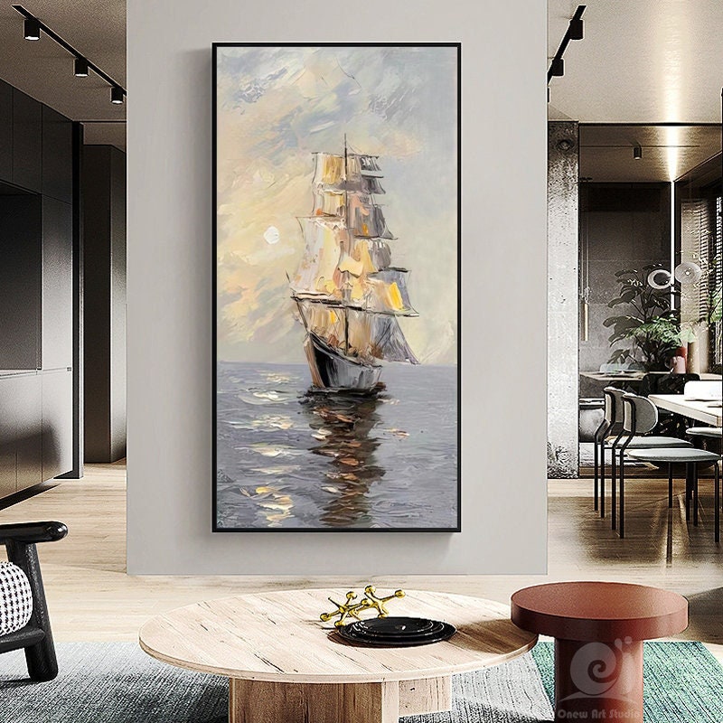 Large Abstract Sailboat Oil Painting on Canvas, Original Seascape Canvas Wall Art, Ocean Painting, Modern Nautical Wall Art for Living Room