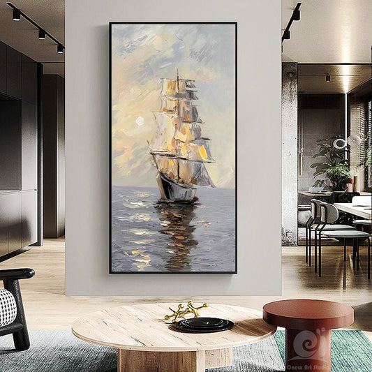Large Abstract Sailboat Oil Painting on Canvas, Original Seascape Canvas Wall Art, Ocean Painting, Modern Nautical Wall Art for Living Room