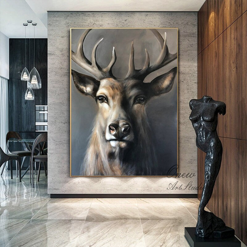 Large Classical Deer Oil Painting on Canvas, Original Hand-painted Stag Canvas Wall Art, Modern Animal Painting for Living Room, Home Décor