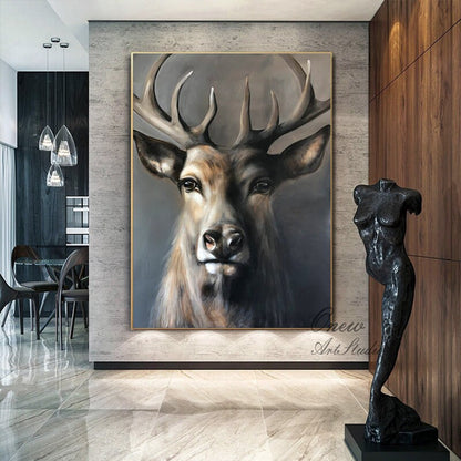 Large Classical Deer Oil Painting on Canvas, Original Hand-painted Stag Canvas Wall Art, Modern Animal Painting for Living Room, Home Décor