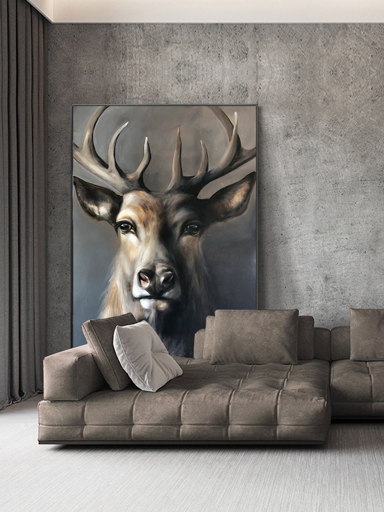 Large Classical Deer Oil Painting on Canvas, Original Hand-painted Stag Canvas Wall Art, Modern Animal Painting for Living Room, Home Décor