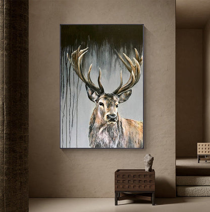 May include: A painting of a deer with large antlers, set against a dark background with gray and white brushstrokes. The deer's fur is a mix of brown, white, and gray.