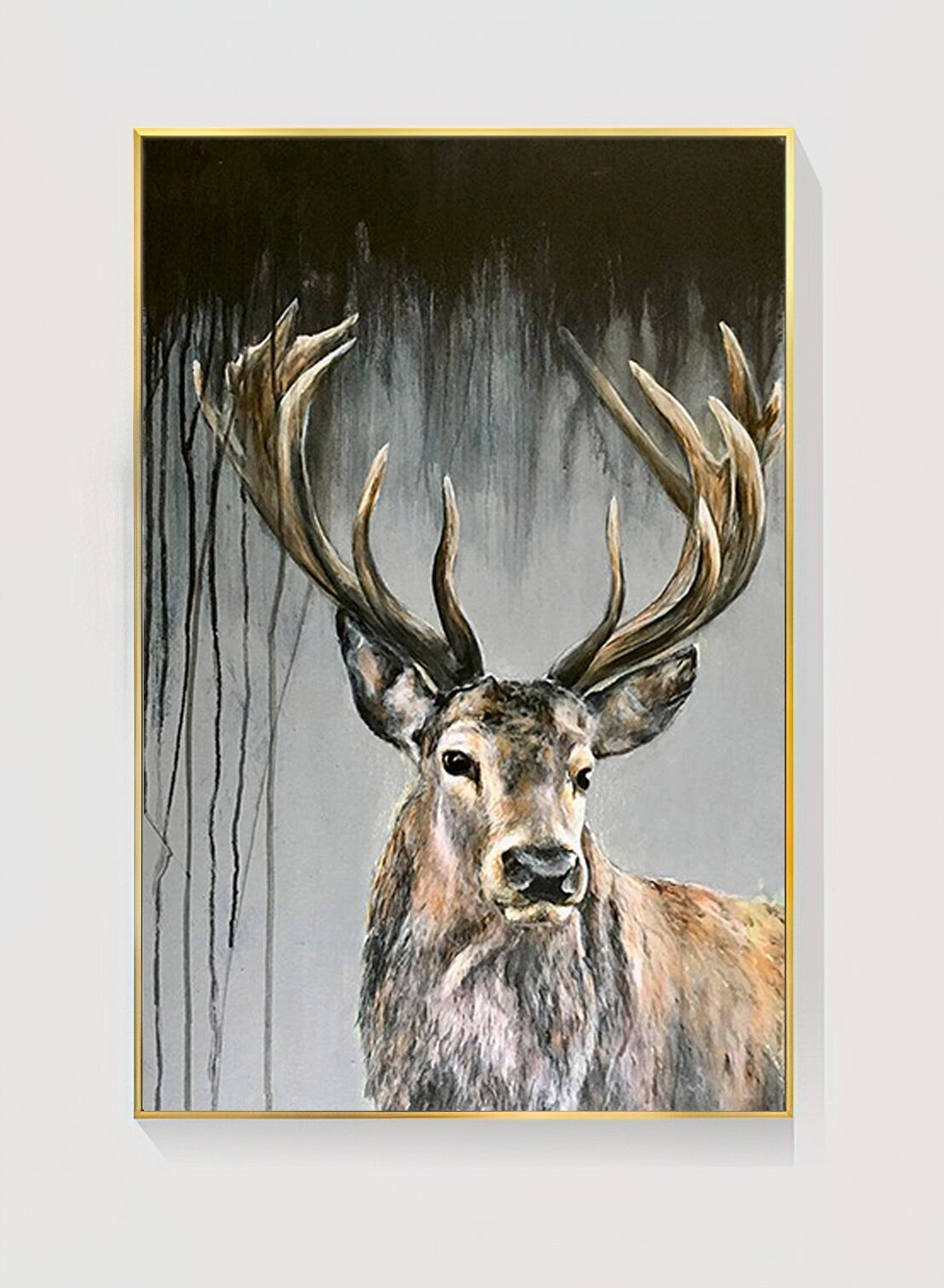 May include: A painting of a deer with large antlers in a dark, abstract background. The deer is looking directly at the viewer with a soft, gentle expression. The painting is done in a realistic style with a focus on detail.