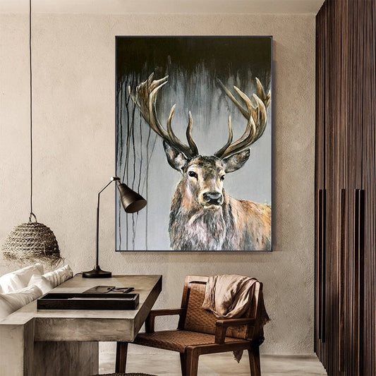 May include: A painting of a deer with large antlers, set against a dark background with streaks of gray and white paint. The deer is looking directly at the viewer with a serious expression.