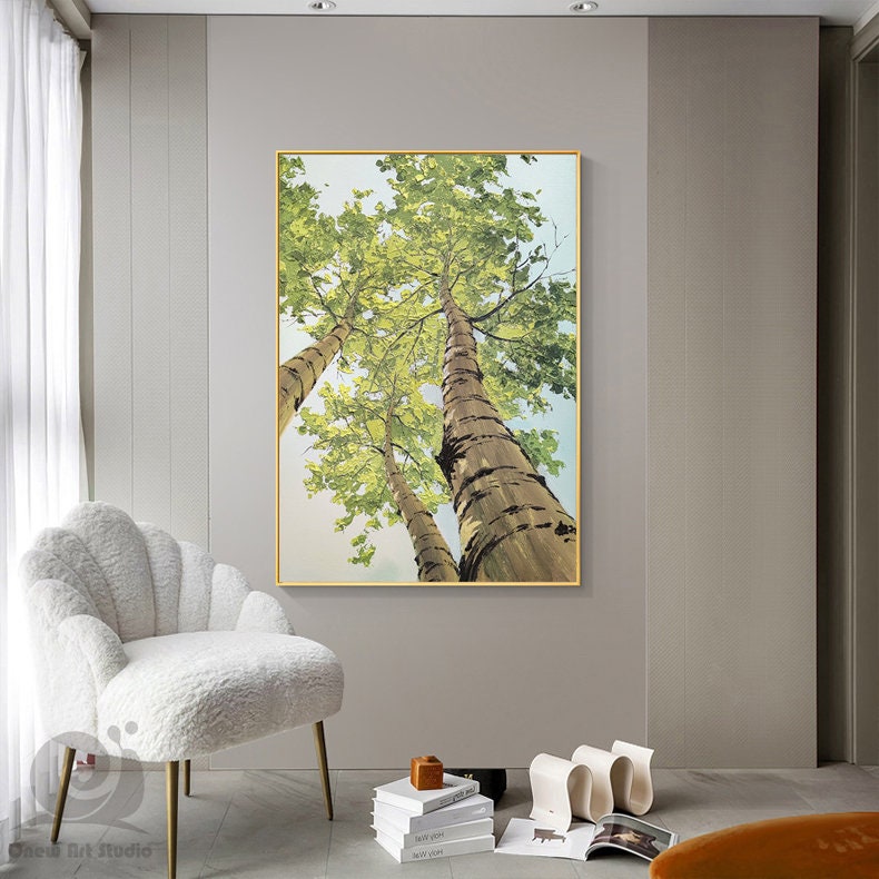 Large Abstract Trees Oil Painting on Canvas, Original Birch Trees Canvas Wall Art, Modern Landscape Wall Art for Living Room, Bedroom Décor