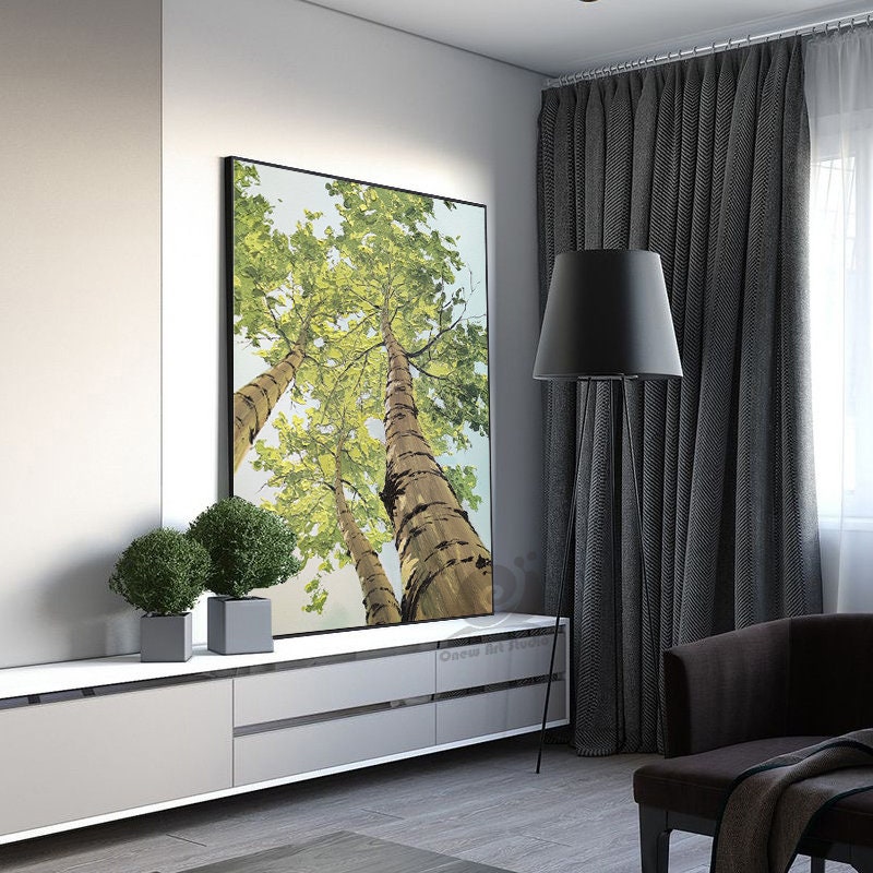 Large Abstract Trees Oil Painting on Canvas, Original Birch Trees Canvas Wall Art, Modern Landscape Wall Art for Living Room, Bedroom Décor