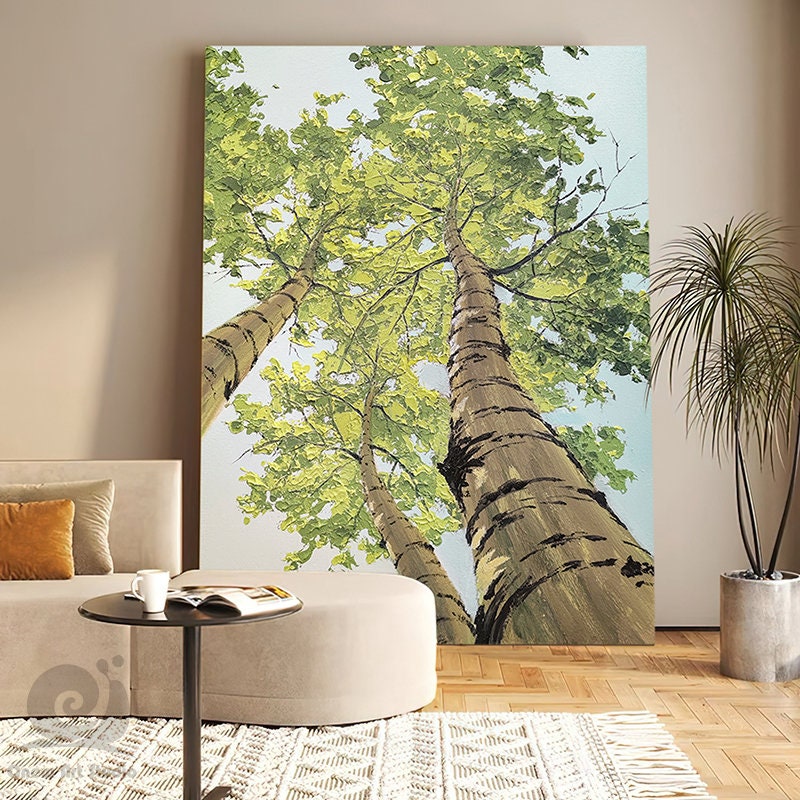 Large Abstract Trees Oil Painting on Canvas, Original Birch Trees Canvas Wall Art, Modern Landscape Wall Art for Living Room, Bedroom Décor