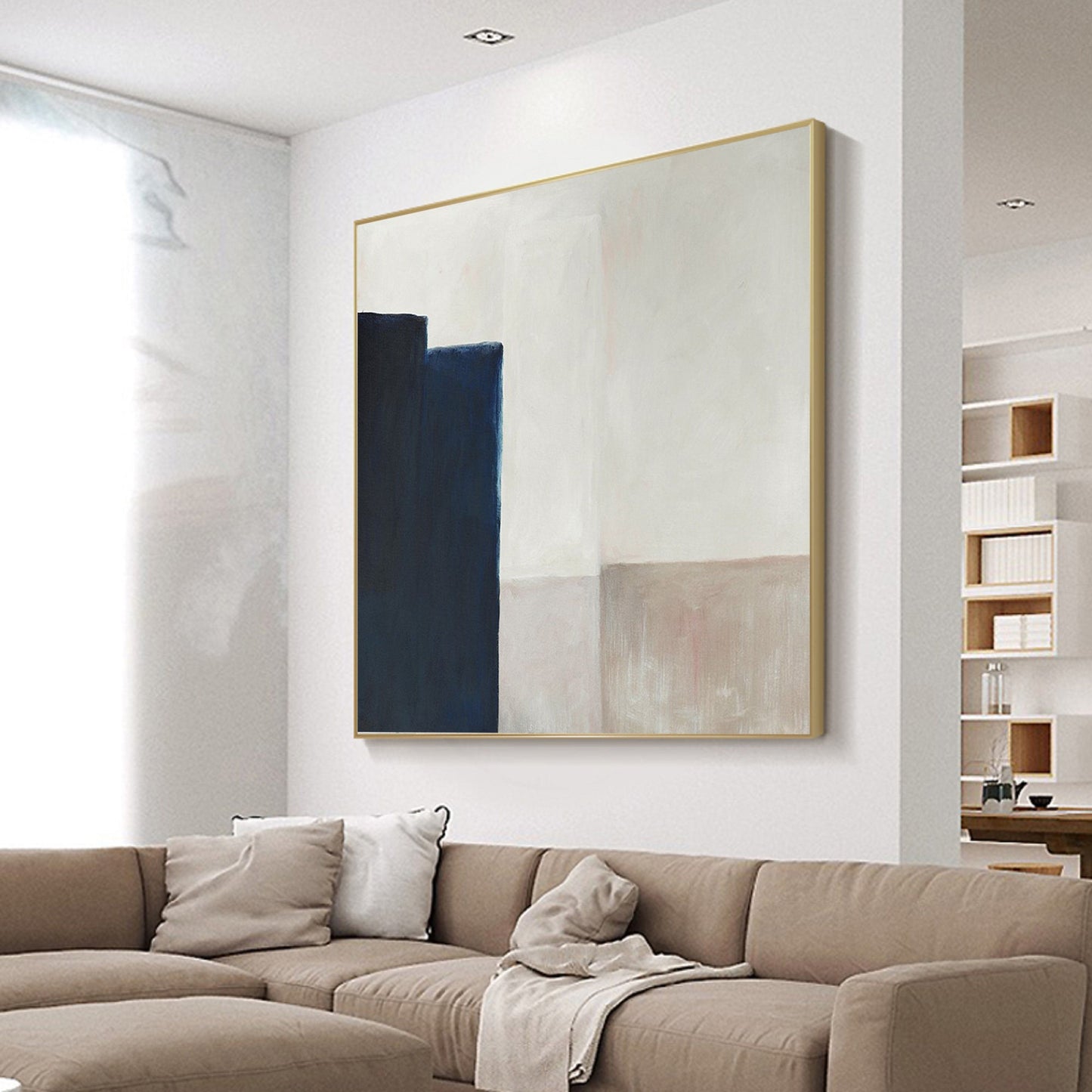Minimalist Navy Blue Abstract Painting – Beige and Cream Geometric Wall Art