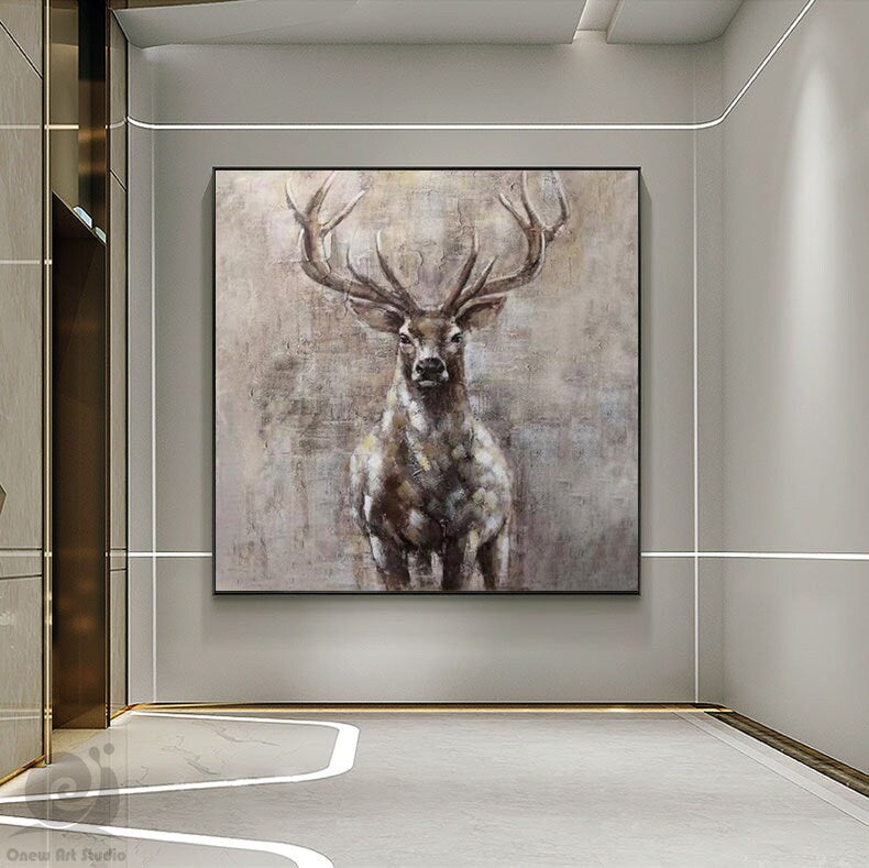 Large Abstract Deer Oil Painting on Canvas, Original Hand-painted Stag Canvas Wall Art, Modern Animal Painting for Living Room Bedroom Décor