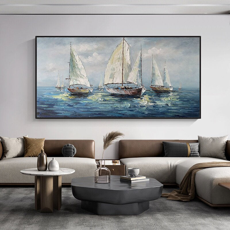 Large Abstract Sailboats Canvas Wall Art, Original Seascape Oil Painting on Canvas, Ocean Wall Art, Modern Nautical Painting for Living Room