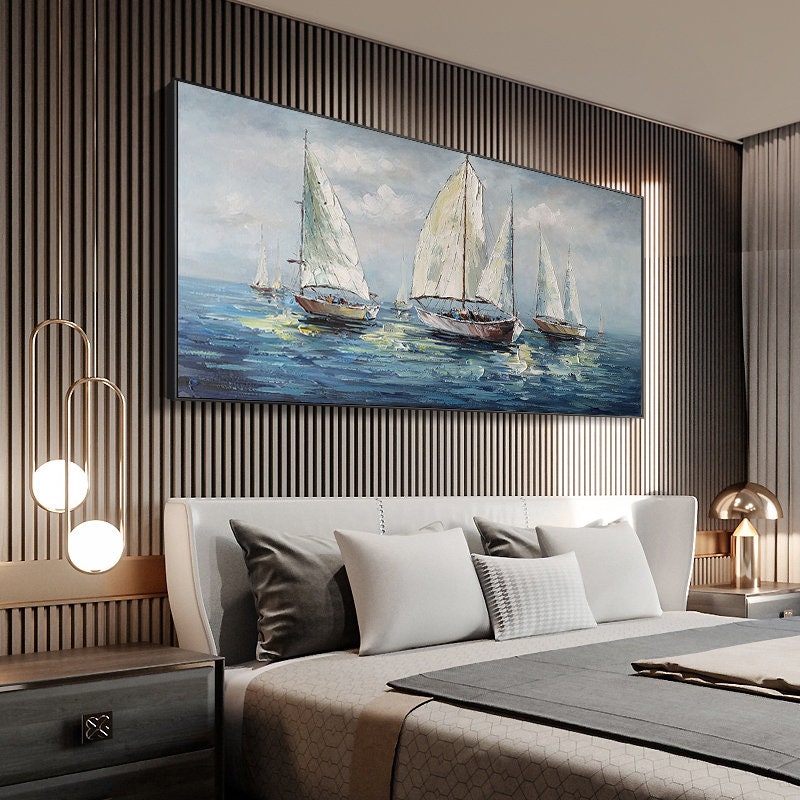 Large Abstract Sailboats Canvas Wall Art, Original Seascape Oil Painting on Canvas, Ocean Wall Art, Modern Nautical Painting for Living Room