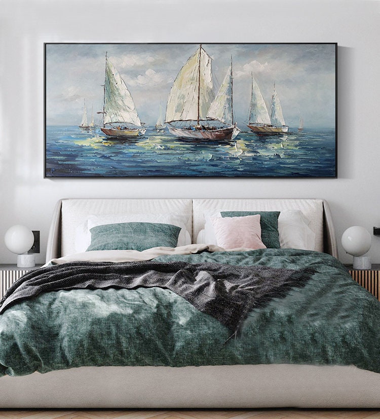 Large Abstract Sailboats Canvas Wall Art, Original Seascape Oil Painting on Canvas, Ocean Wall Art, Modern Nautical Painting for Living Room