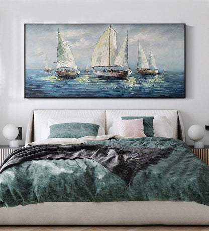 Large Abstract Sailboats Canvas Wall Art, Original Seascape Oil Painting on Canvas, Ocean Wall Art, Modern Nautical Painting for Living Room