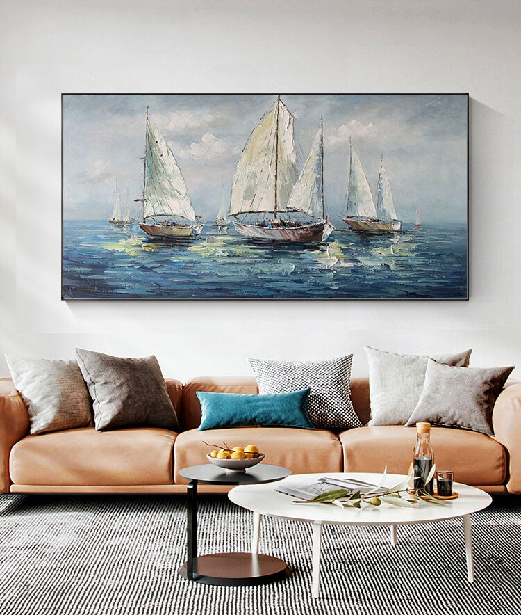 Large Abstract Sailboats Canvas Wall Art, Original Seascape Oil Painting on Canvas, Ocean Wall Art, Modern Nautical Painting for Living Room