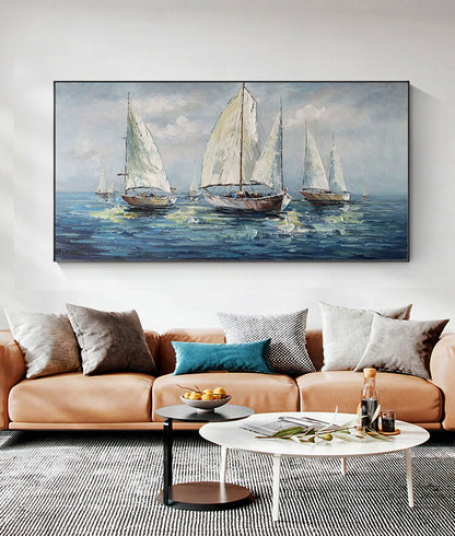 Large Abstract Sailboats Canvas Wall Art, Original Seascape Oil Painting on Canvas, Ocean Wall Art, Modern Nautical Painting for Living Room