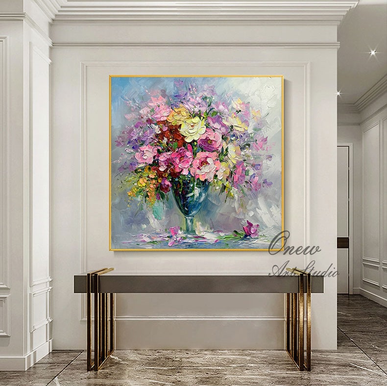 Impressionist Flower Oil Painting on Canvas, Large Colorful Flowers Canvas Wall Art, Modern Textured Floral Painting for Living Room Bedroom