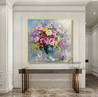Impressionist Flower Oil Painting on Canvas, Large Colorful Flowers Canvas Wall Art, Modern Textured Floral Painting for Living Room Bedroom
