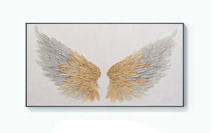Abstract Angel Wing Oil Painting on Canvas, Original Grey and Gold Feather Canvas Wall Art, Modern Textured Wings Wall Art for Living Room