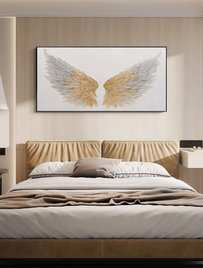 Abstract Angel Wing Oil Painting on Canvas, Original Grey and Gold Feather Canvas Wall Art, Modern Textured Wings Wall Art for Living Room