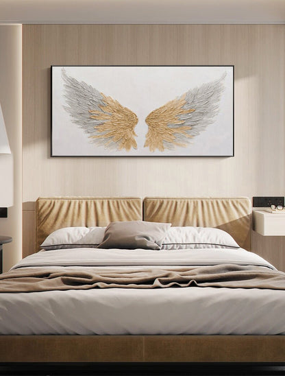 Abstract Angel Wing Oil Painting on Canvas, Original Grey and Gold Feather Canvas Wall Art, Modern Textured Wings Wall Art for Living Room
