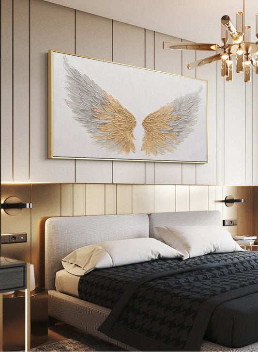 Abstract Angel Wing Oil Painting on Canvas, Original Grey and Gold Feather Canvas Wall Art, Modern Textured Wings Wall Art for Living Room
