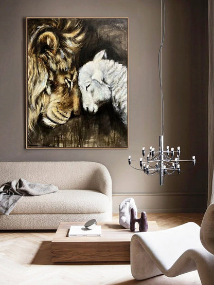 May include: A painting of a lion and a lamb with their heads touching. The lion is brown and gold, and the lamb is white. The background is dark brown.