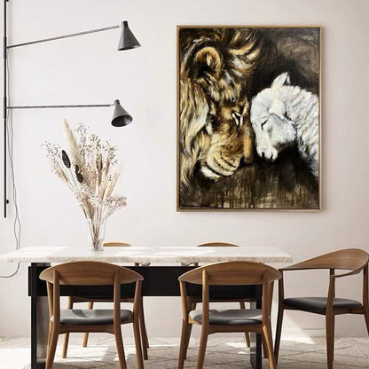 May include: A painting of a lion and a lamb with their heads touching. The lion is brown and has a mane. The lamb is white. The background is dark brown.