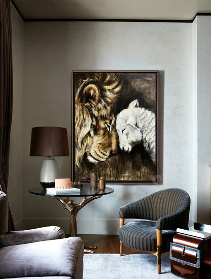 Lion and Lamb Canvas Wall Art, Impressionist Lion and Lamb Oil Painting on Canvas, Christian Wall Art,Modern Animal Painting for Living Room