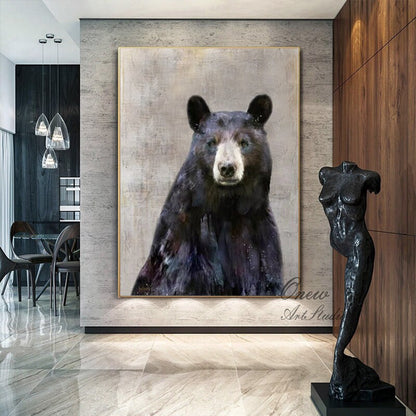 Large Abstract Black Bear Canvas Wall Art, Original Hand-painted Bear Oil Painting on Canvas, Modern Animal Painting for Living Room Bedroom