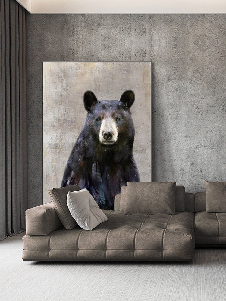 Large Abstract Black Bear Canvas Wall Art, Original Hand-painted Bear Oil Painting on Canvas, Modern Animal Painting for Living Room Bedroom