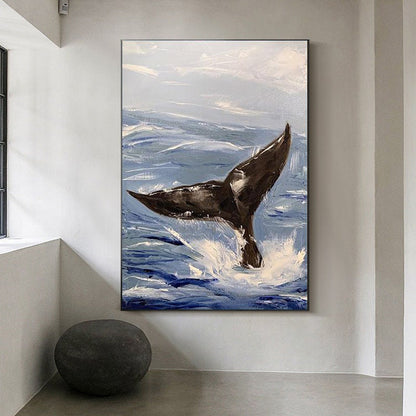 Abstract Whale tail and Sea Wave Canvas Wall Art, Original Hand-painted Ocean painting on canvas, Modern Seascape Painting for Living Room