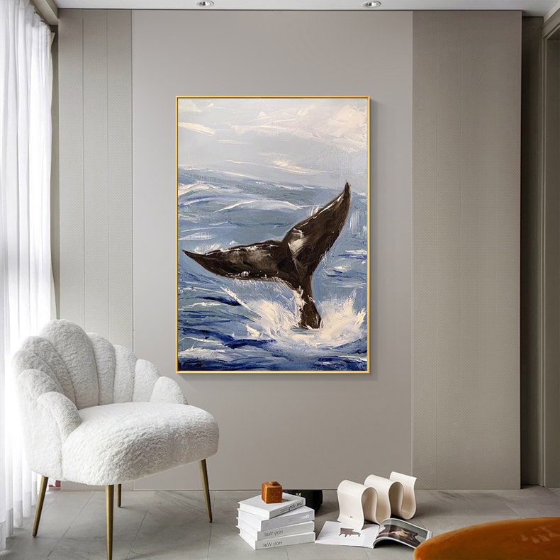 Abstract Whale tail and Sea Wave Canvas Wall Art, Original Hand-painted Ocean painting on canvas, Modern Seascape Painting for Living Room