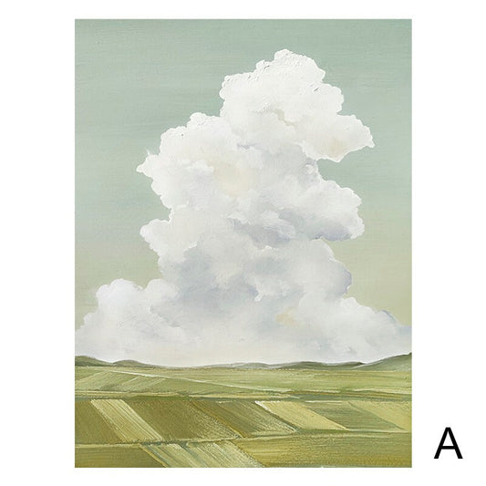 May include: A painting of a large, fluffy white cloud in a light green sky over a field of green and yellow stripes.